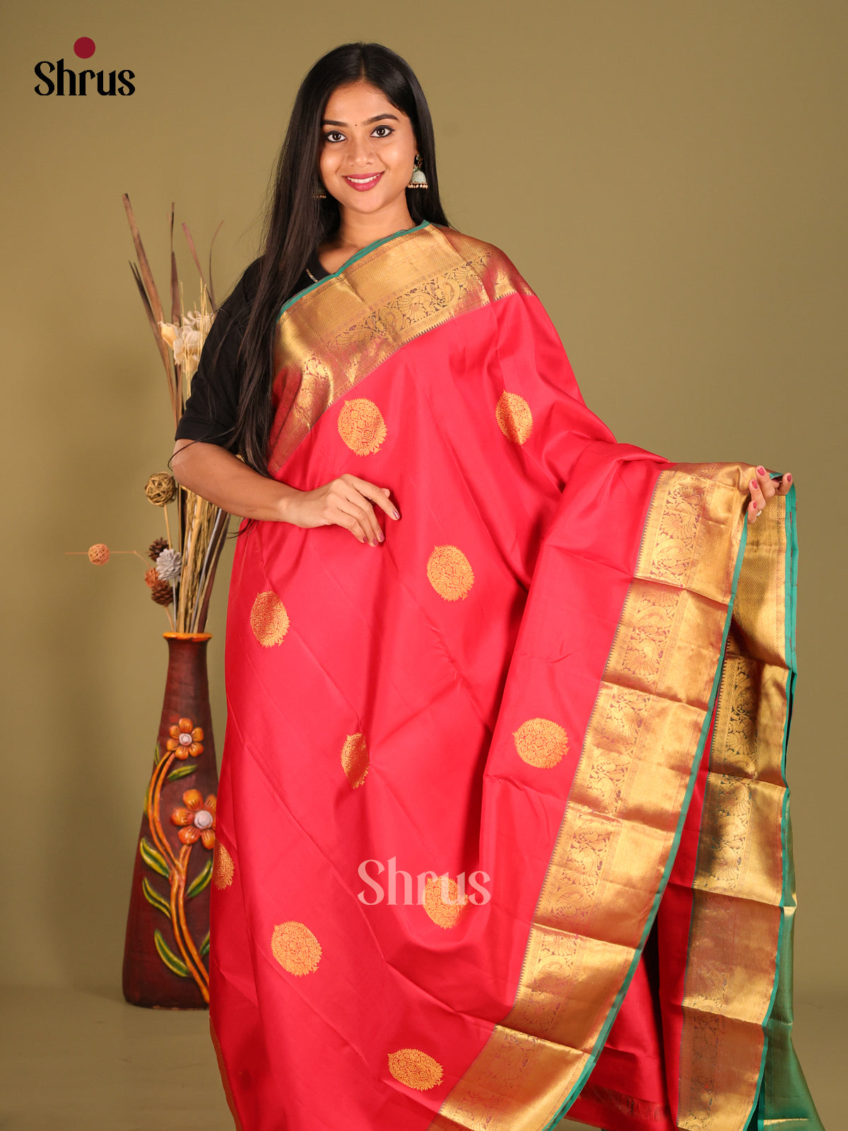 Stunning Red Kanchipuram Silk Saree with golden floral buttas & Teal Green Brocade Pallu -1