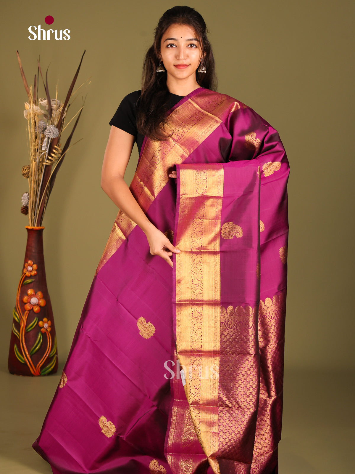 Charming Purple Kanchipuram Silk Saree with zari paisley motifs & Brocade Pallu
