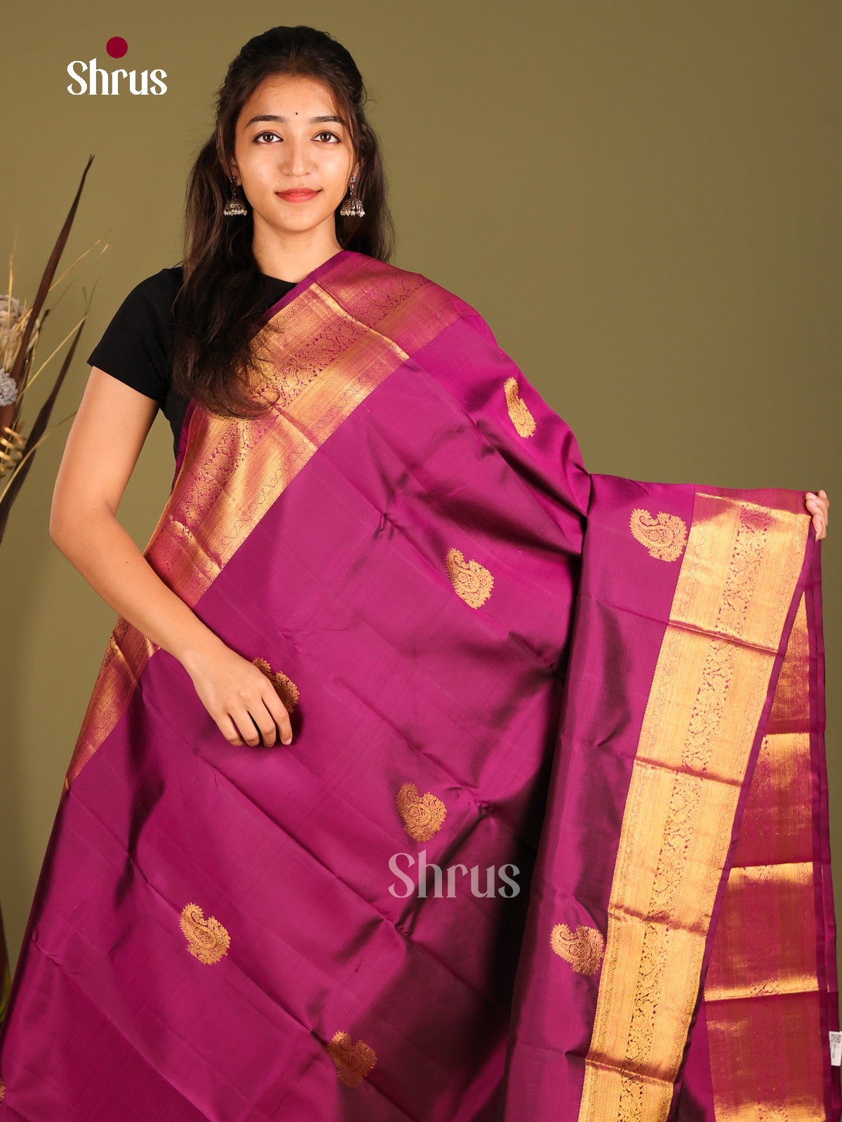 Charming Purple Kanchipuram Silk Saree with zari paisley motifs & Brocade Pallu