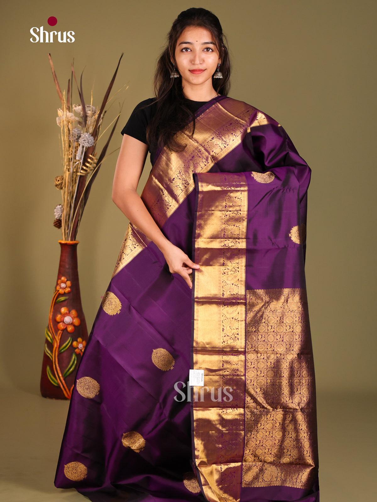 Stunning Violet Kanchipuram Silk Saree with golden floral motifs & Rich Zari woven Pallu - Shop on Shrus.com