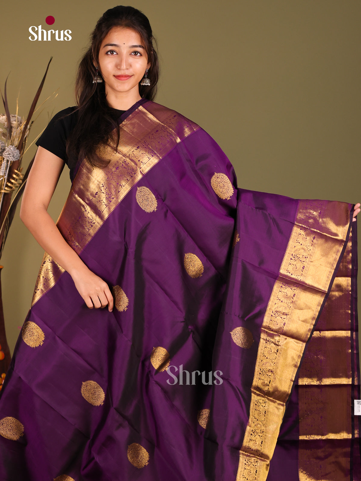 Stunning Violet Kanchipuram Silk Saree with golden floral motifs & Rich Zari woven Pallu - Shop on Shrus.com