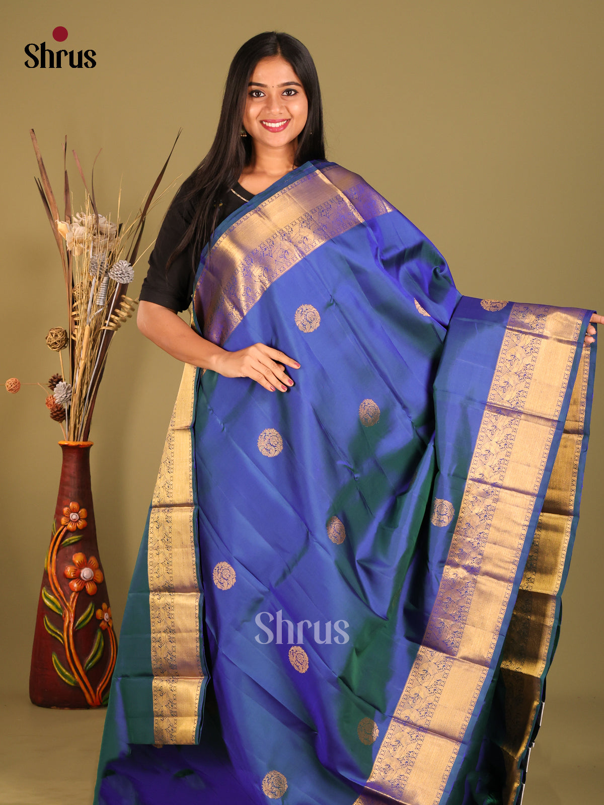 Vivid Blue Kanchipuram Saree with golden floral motifs & Brocade Pallu -1
