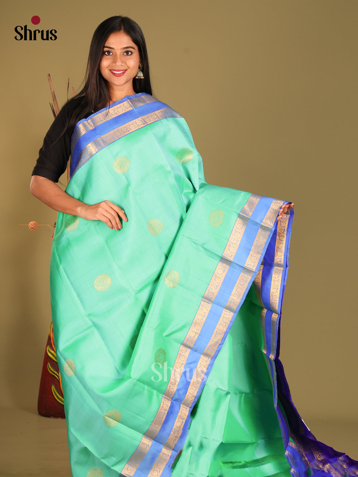 Bright Teal Green Kanchipuram Saree with Golden Floral Motifs & Blue Rettaipet zari border -1