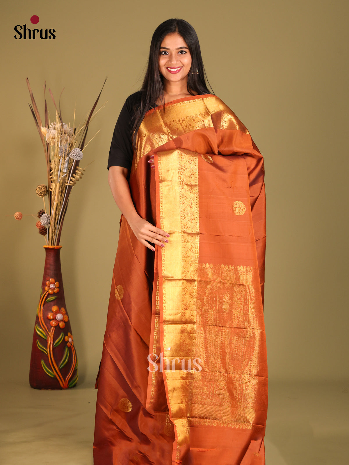 Grand Rust Kanjivaram Silk Saree with zari floral buttas & brocade pallu
