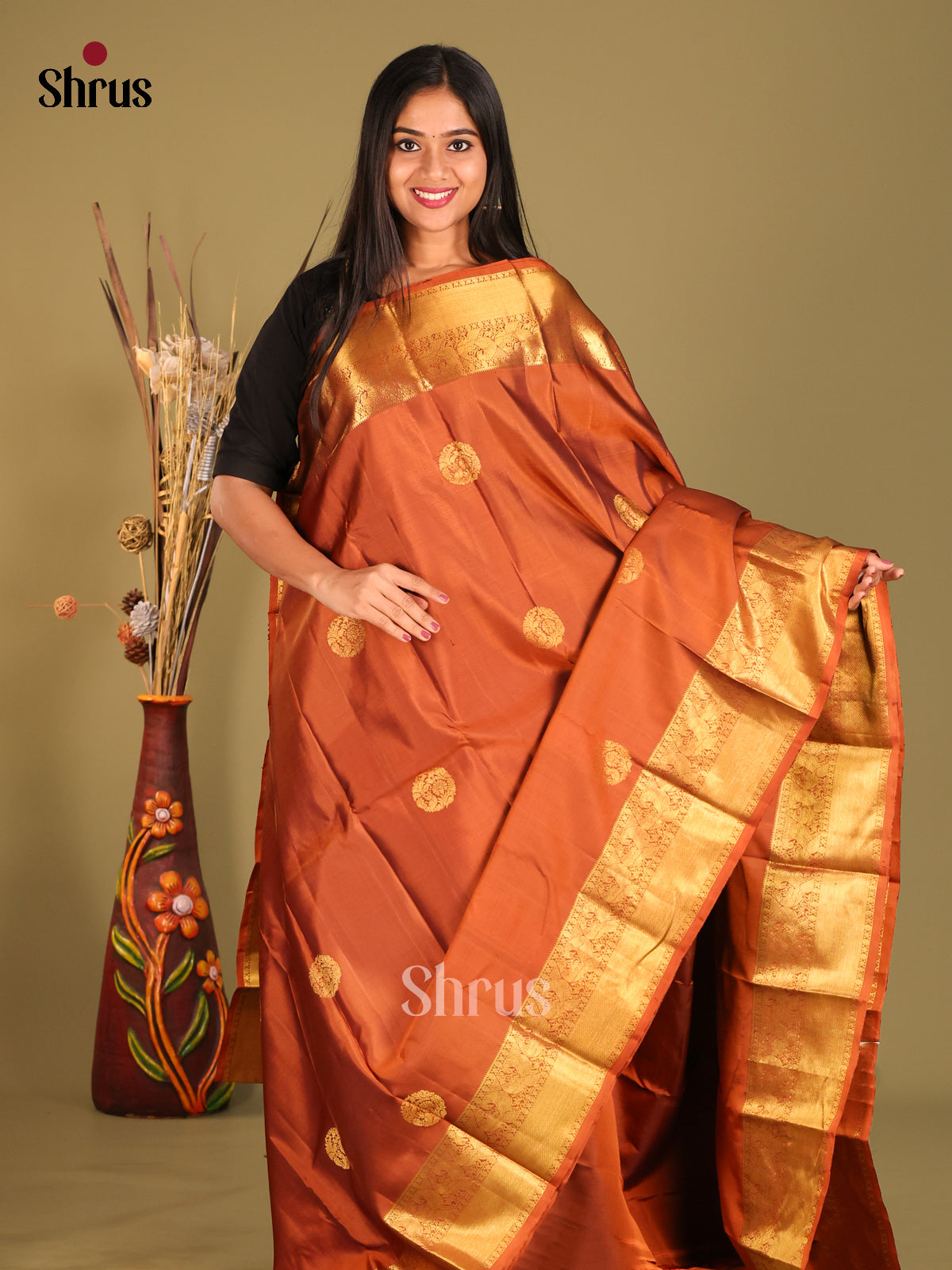 Grand Rust Kanjivaram Silk Saree with zari floral buttas & brocade pallu 1