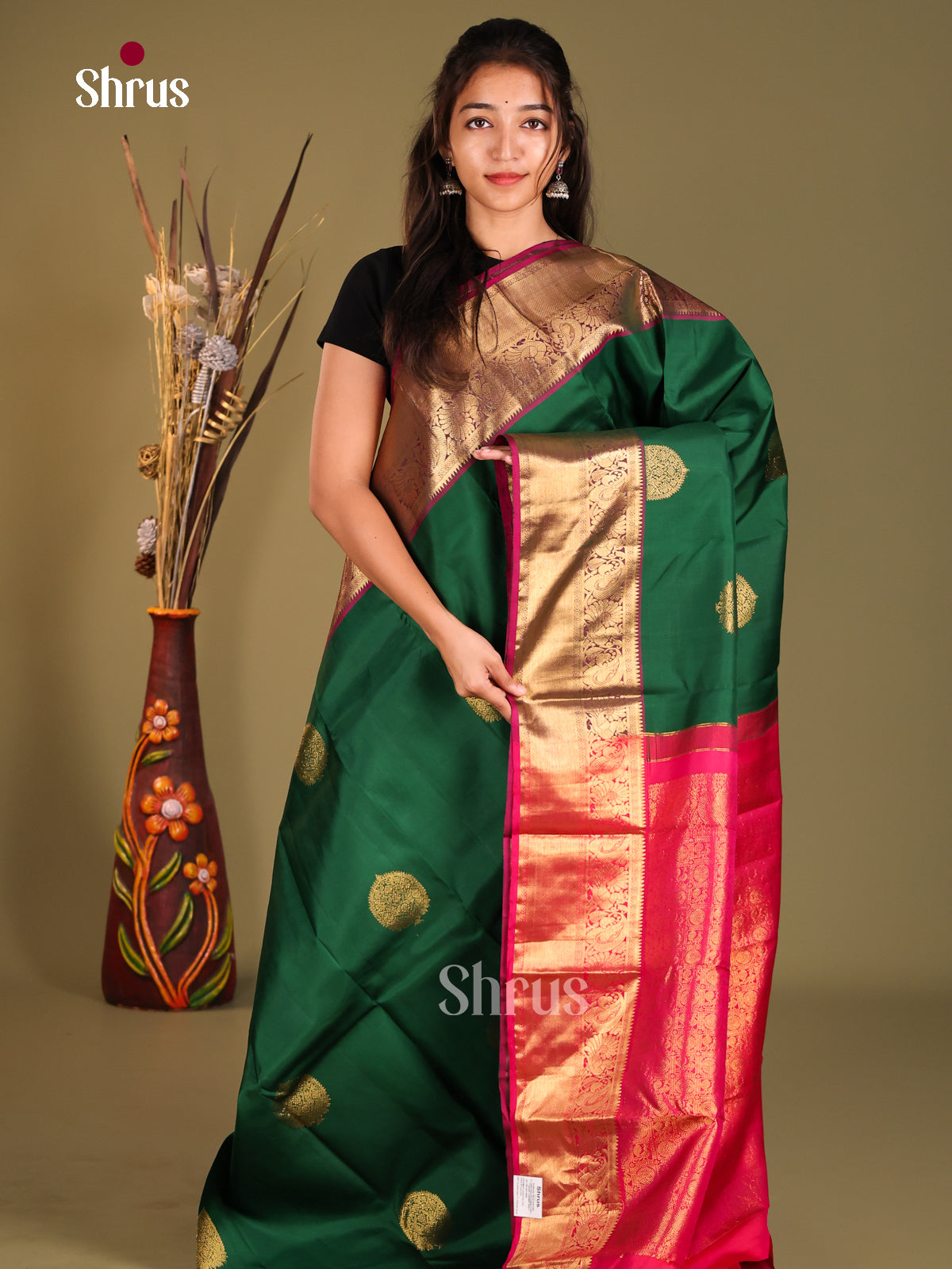 Pretty Green Kanchipuram Silk Saree with Golden Motifs & contrast Maroon zari border