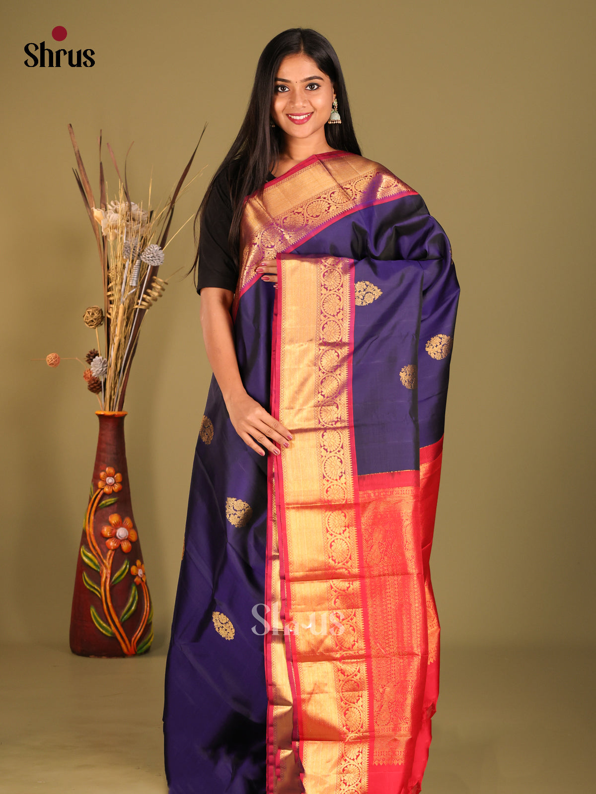 Serene Blue Kanjivaram Silk Saree with zari floral motifs & Red Zari Brocade Pallu