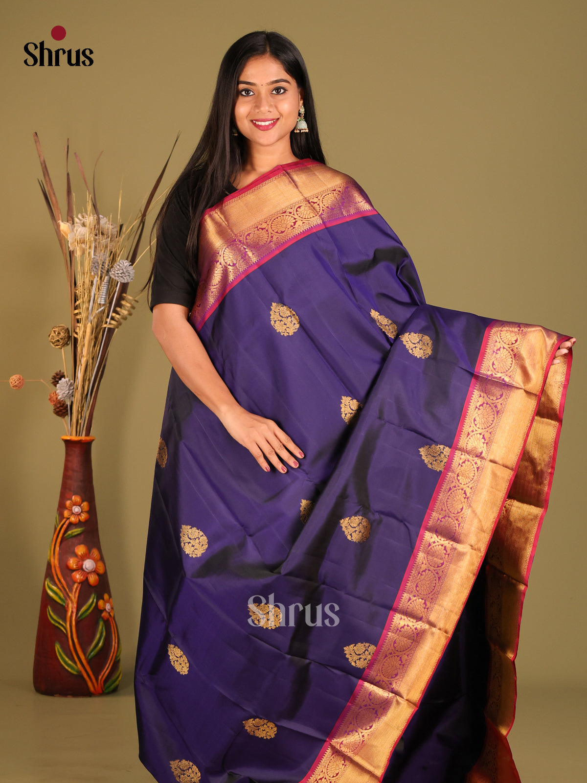 Serene Blue Kanjivaram Silk Saree with zari floral motifs & Red Zari Brocade Pallu -1