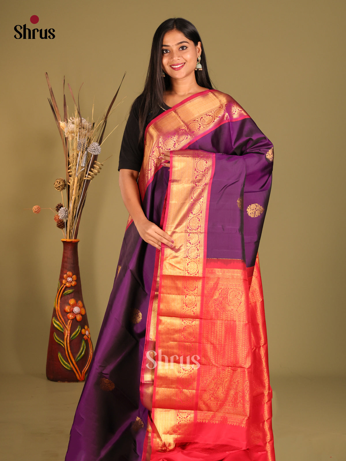Pretty Violet Kanchipuram Silk Saree with Zari thilagam Motifs & Red Brocade Pallu