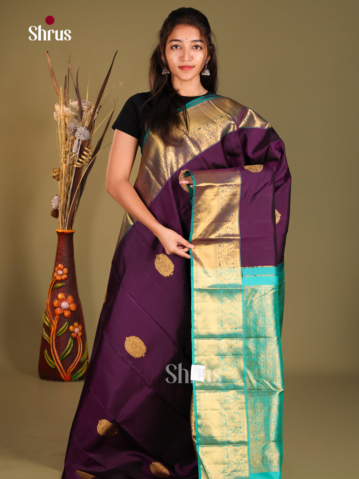 Classic Violet Kanchipuram Silk Saree with golden Motifs & Teal Zari Brocade Pallu