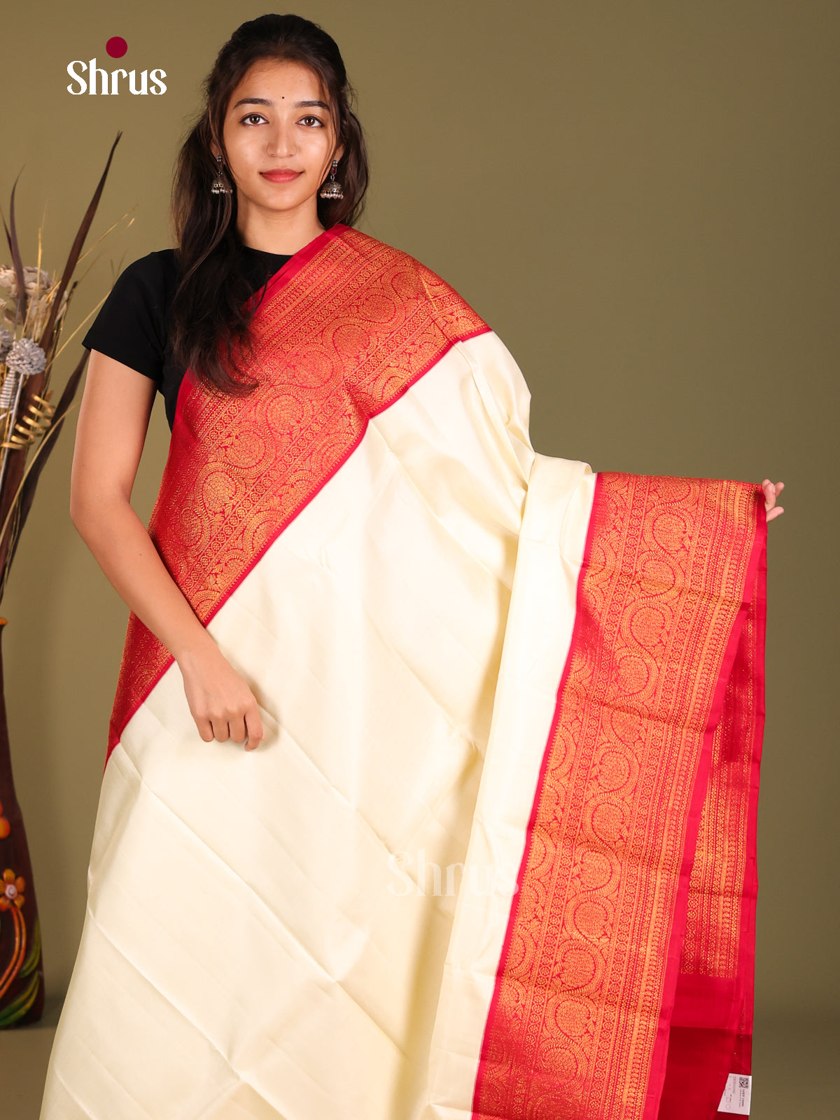 Opulent Cream Kanchipuram Silk Saree with rich traditional Brocade zari border - Shop on Shrus.com