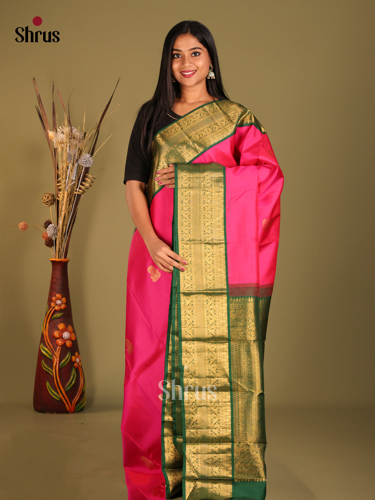 Classic Pink Kanjivaram Silk Saree with golden paisley motifs & Green Brocade Border