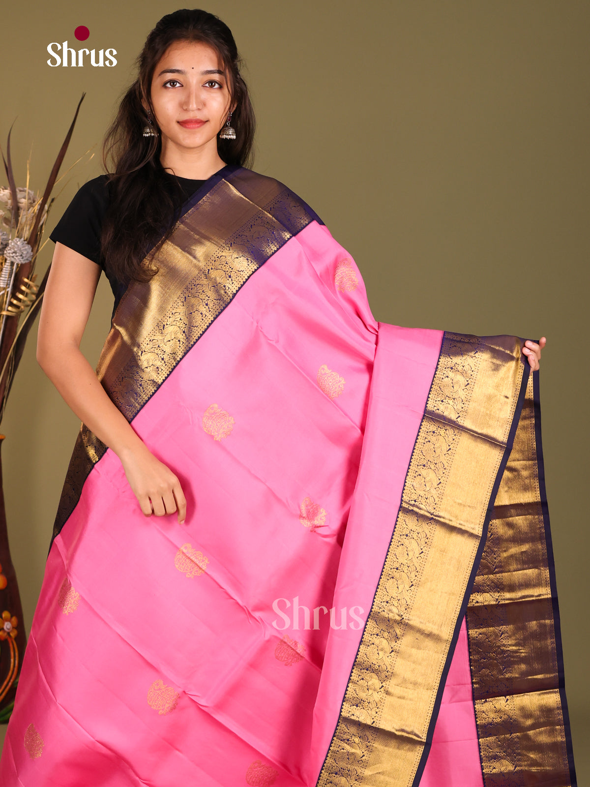 Pretty Pink Kanjivaram Saree with Golden Paisleys & contrast Blue traditional border -1