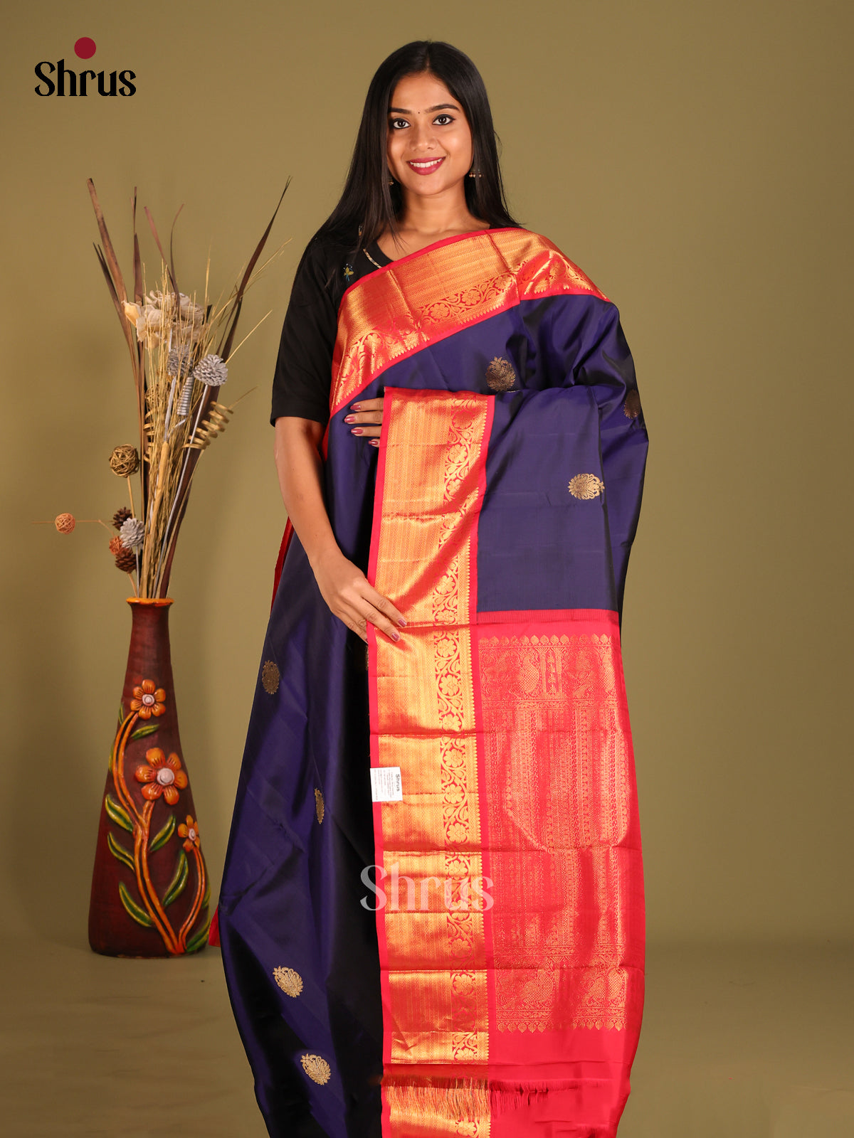 Timeless Blue Kanchipuram Silk Saree with golden Motifs & Red ZAri Woven Border