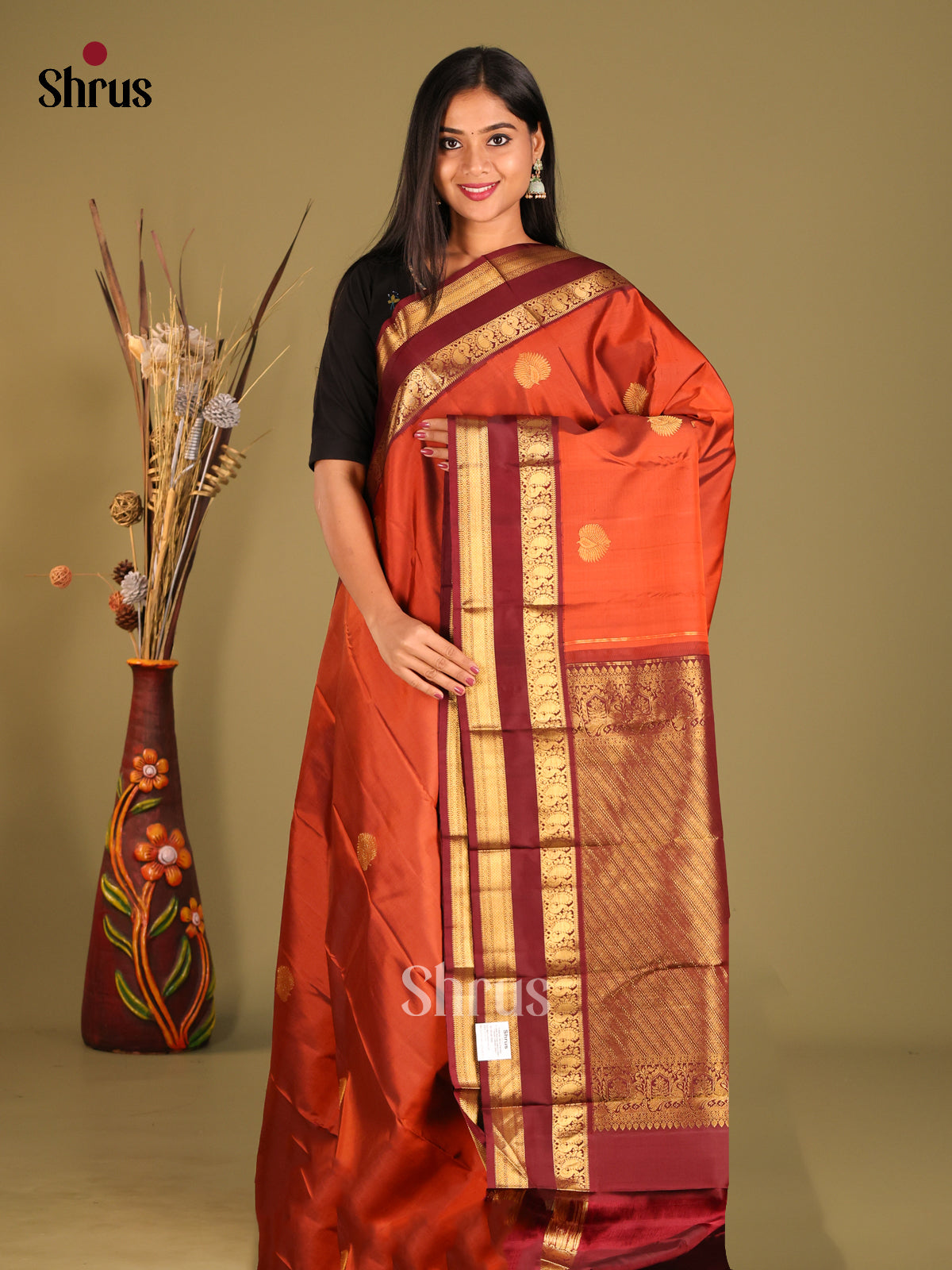 Exquisite Rust Kanchipuram Saree with Golden Buttas & Maroon rettaipet zari border - Shop on Shrus.com
