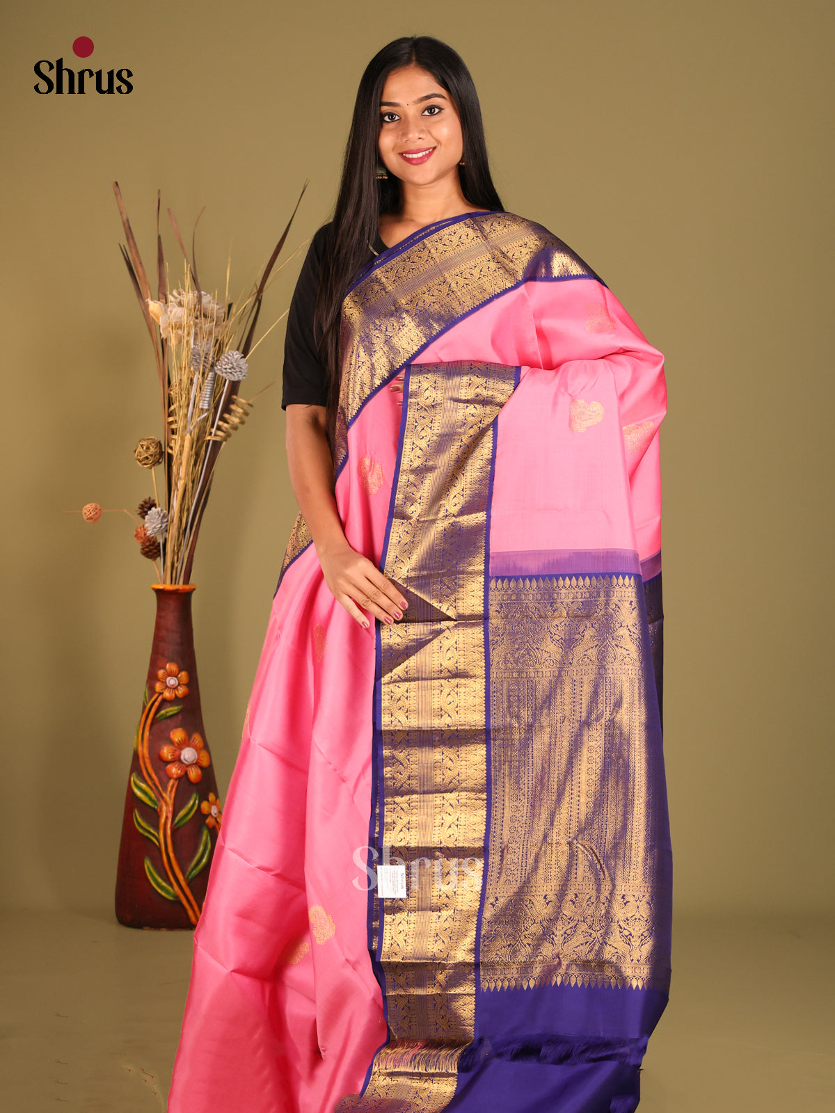 Pretty Pink Kanchipuram Silk Saree with paisley motifs & Blue Zari Woven Brocade Pallu - Shop on Shrus.com