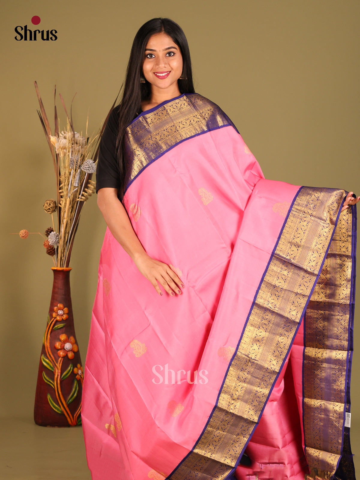 Pretty Pink Kanchipuram Silk Saree with paisley motifs & Blue Zari Woven Brocade Pallu - Shop on Shrus.com