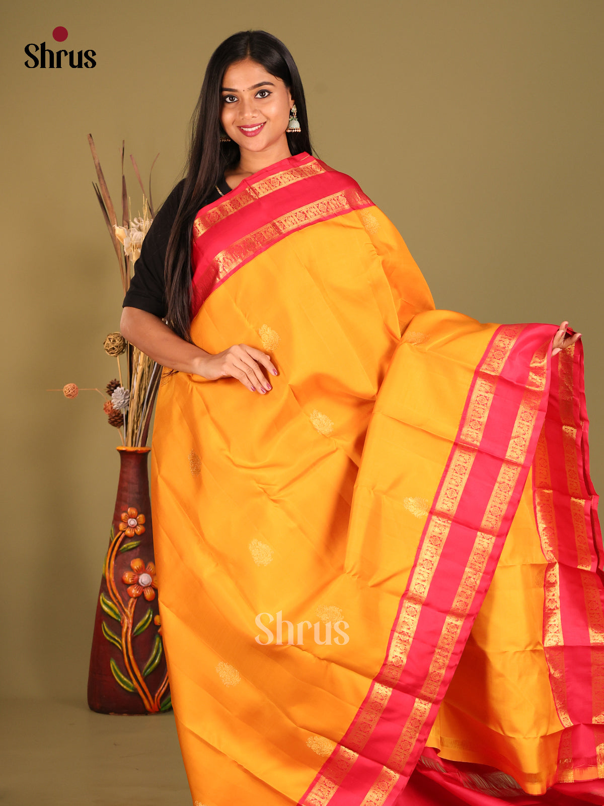 Chic Mambazha Yellow Kanchipuram Silk Saree with Zari Buttas & Red Rettaipet zari border -1