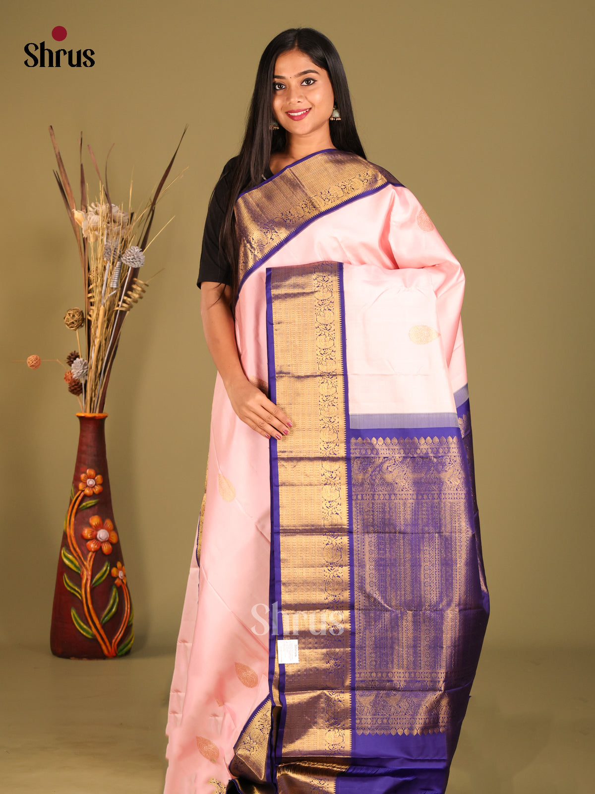 Elegant Pink Korvai Kanchipuram Silk Saree with thilagam motifs & Blue Zari Brocade Pallu