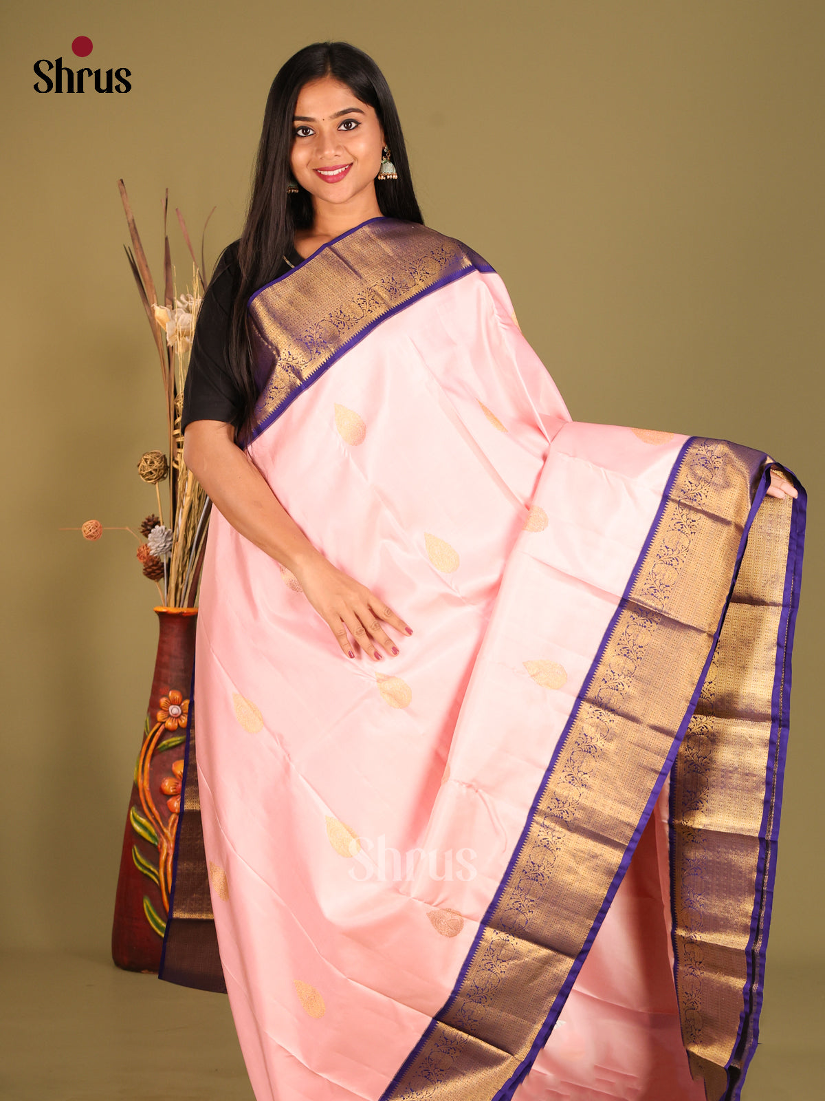 Elegant Pink Korvai Kanchipuram Silk Saree with thilagam motifs & Blue Zari Brocade Pallu 1