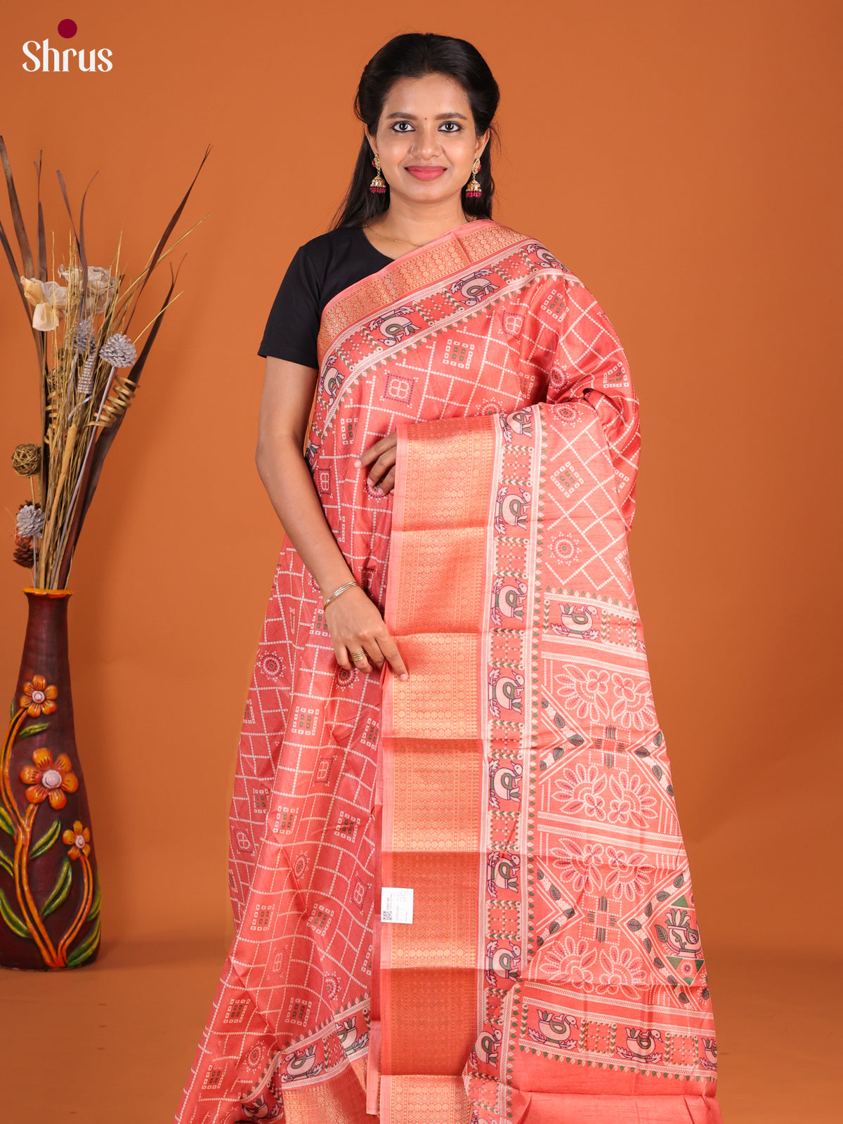 Orangish Pink - Semi Crepe Saree - Shop on Shrus.com