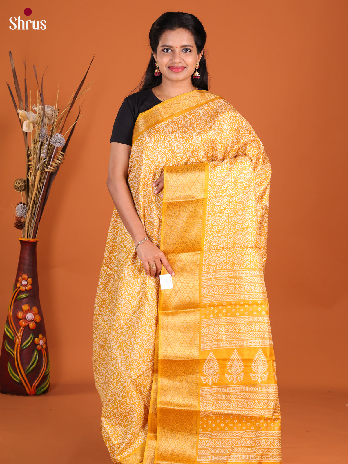 Yellow - Semi Crepe Saree - Shop on Shrus.com