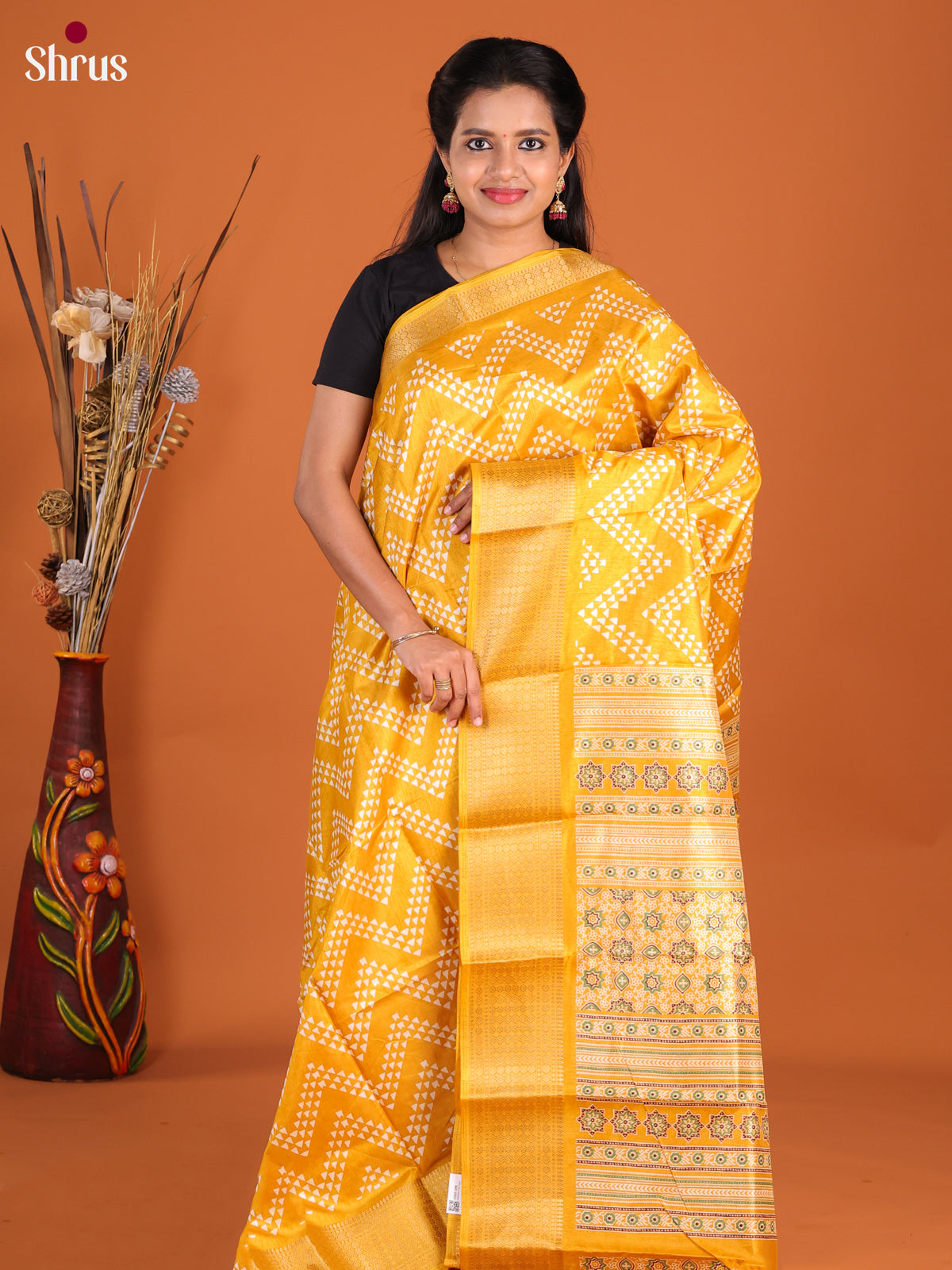 Yellow - Semi Crepe Saree - Shop on Shrus.com