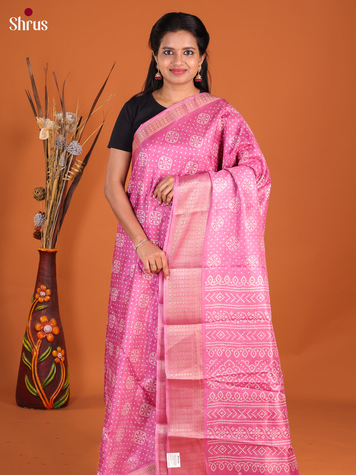 Pink- Semi Crepe Saree - Shop on Shrus.com