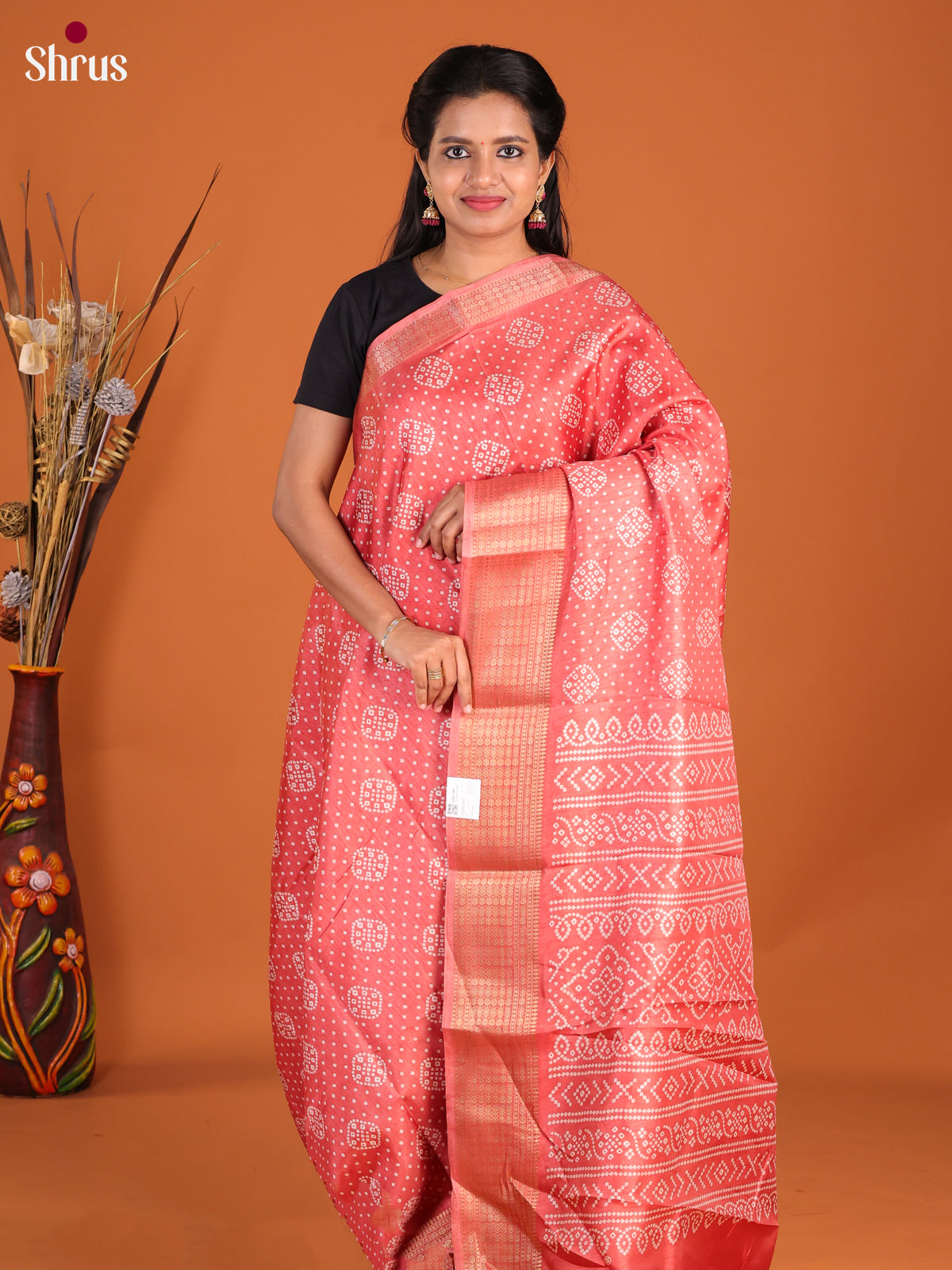 Orangish Pink - Semi Crepe Saree - Shop on Shrus.com