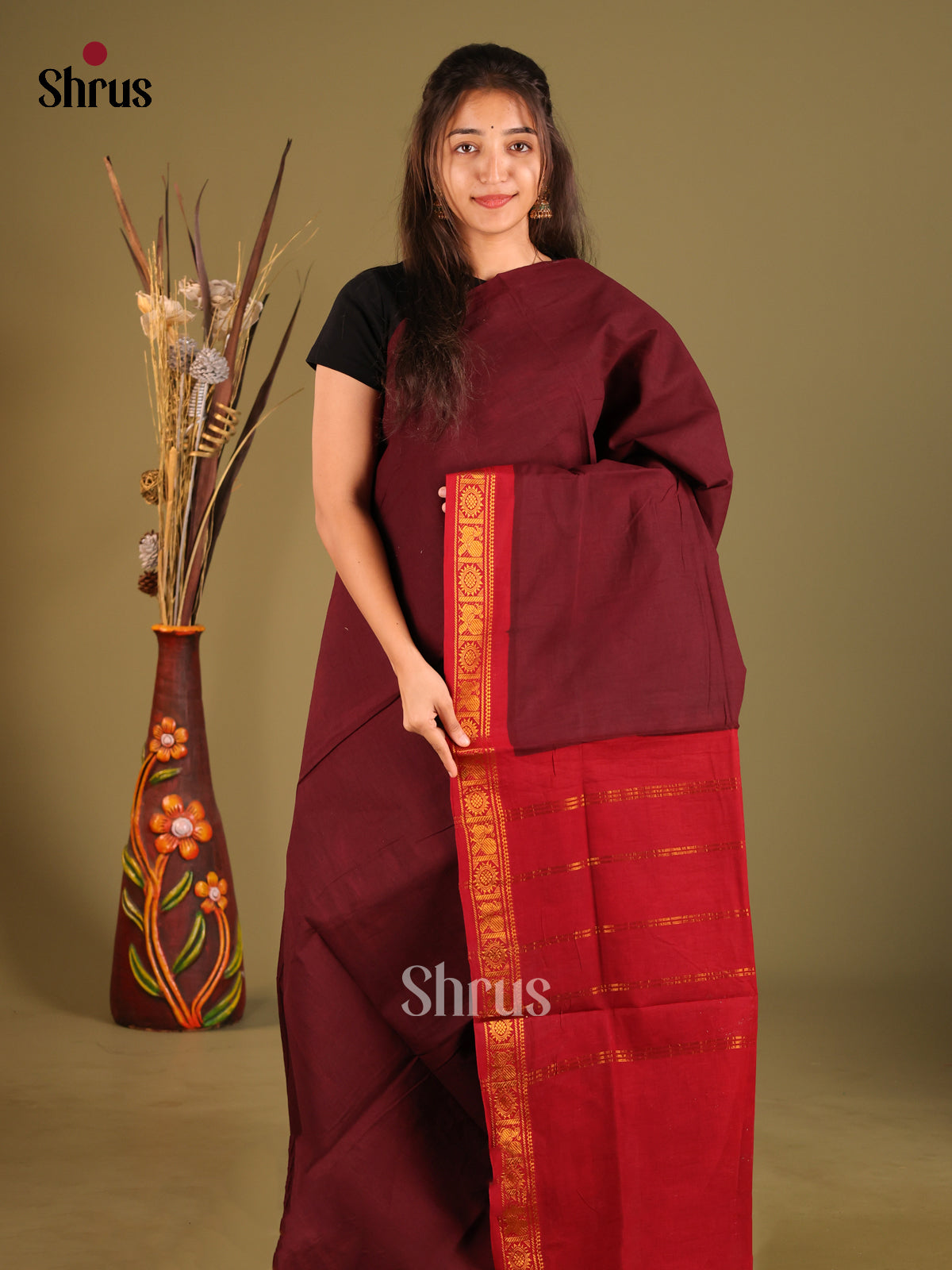 Maroon & Red - Sungudi Cotton Saree - Shop on Shrus.com