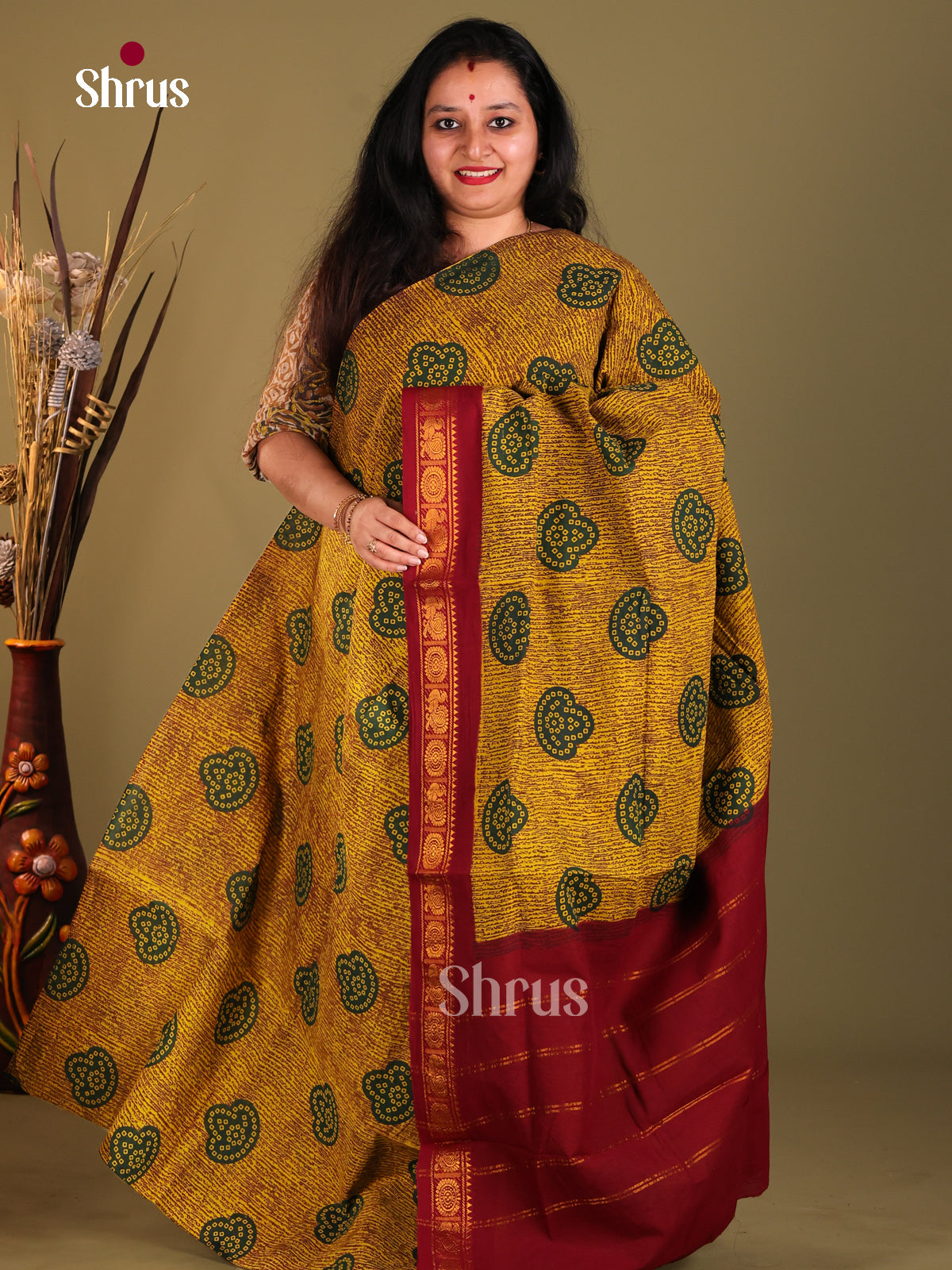 Mustard & Red - Sungudi Cotton Saree