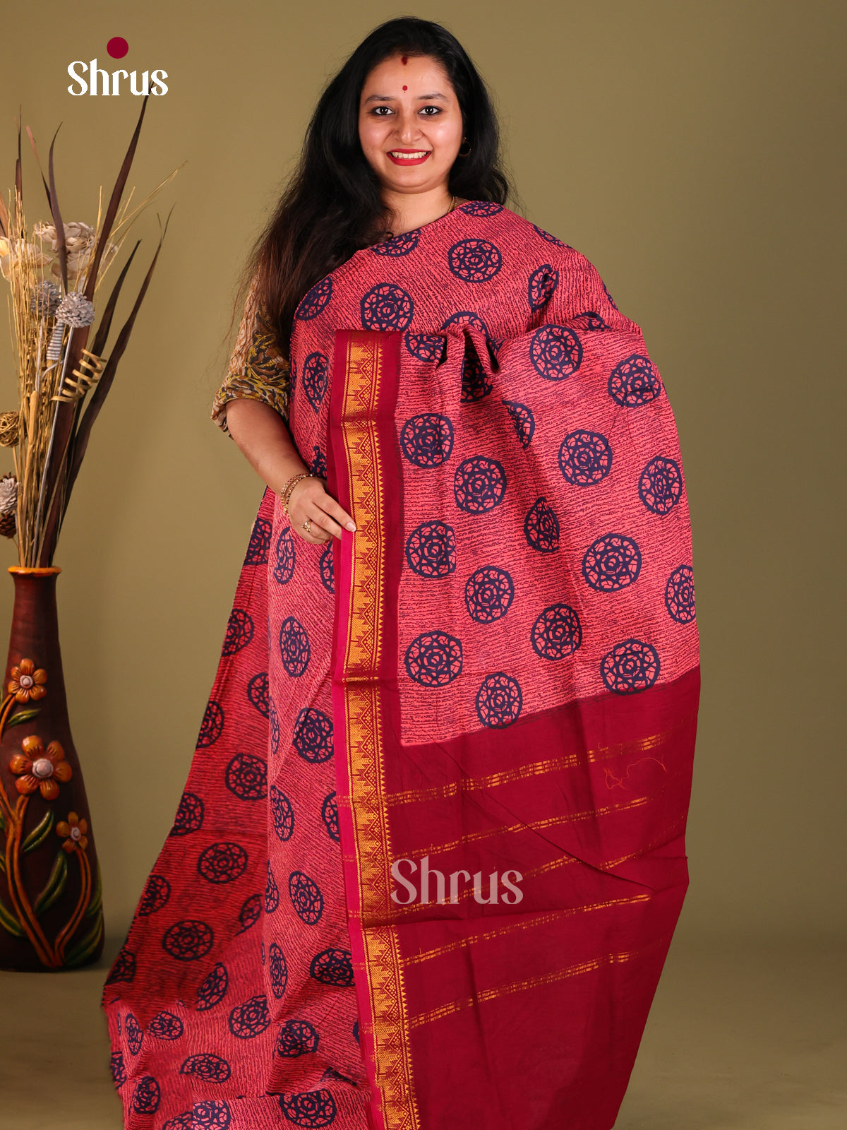 Pink & Red - Sungudi Cotton Saree - Shop on Shrus.com