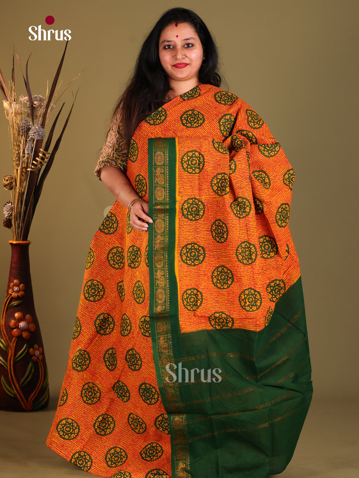 Orange & Green - Sungudi Cotton Saree - Shop on Shrus.com