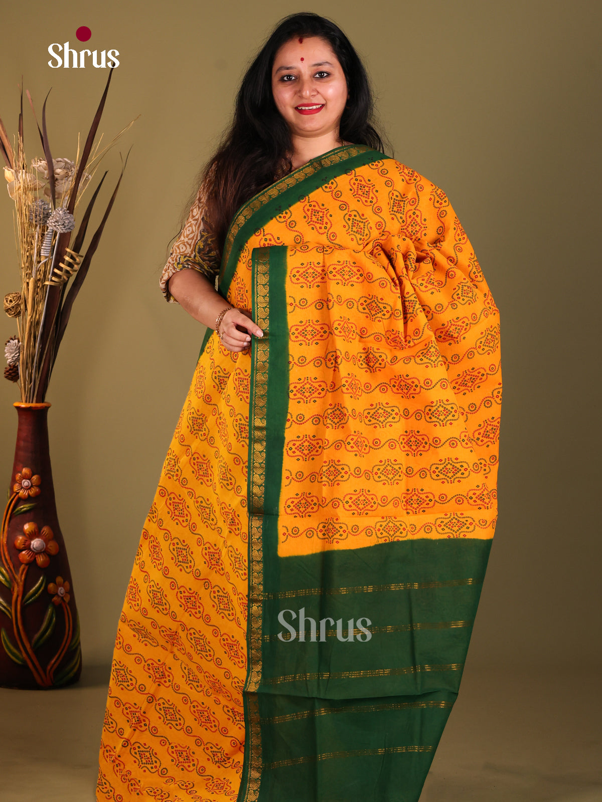 Mustard & Green - Sungudi Cotton Saree - Shop on Shrus.com