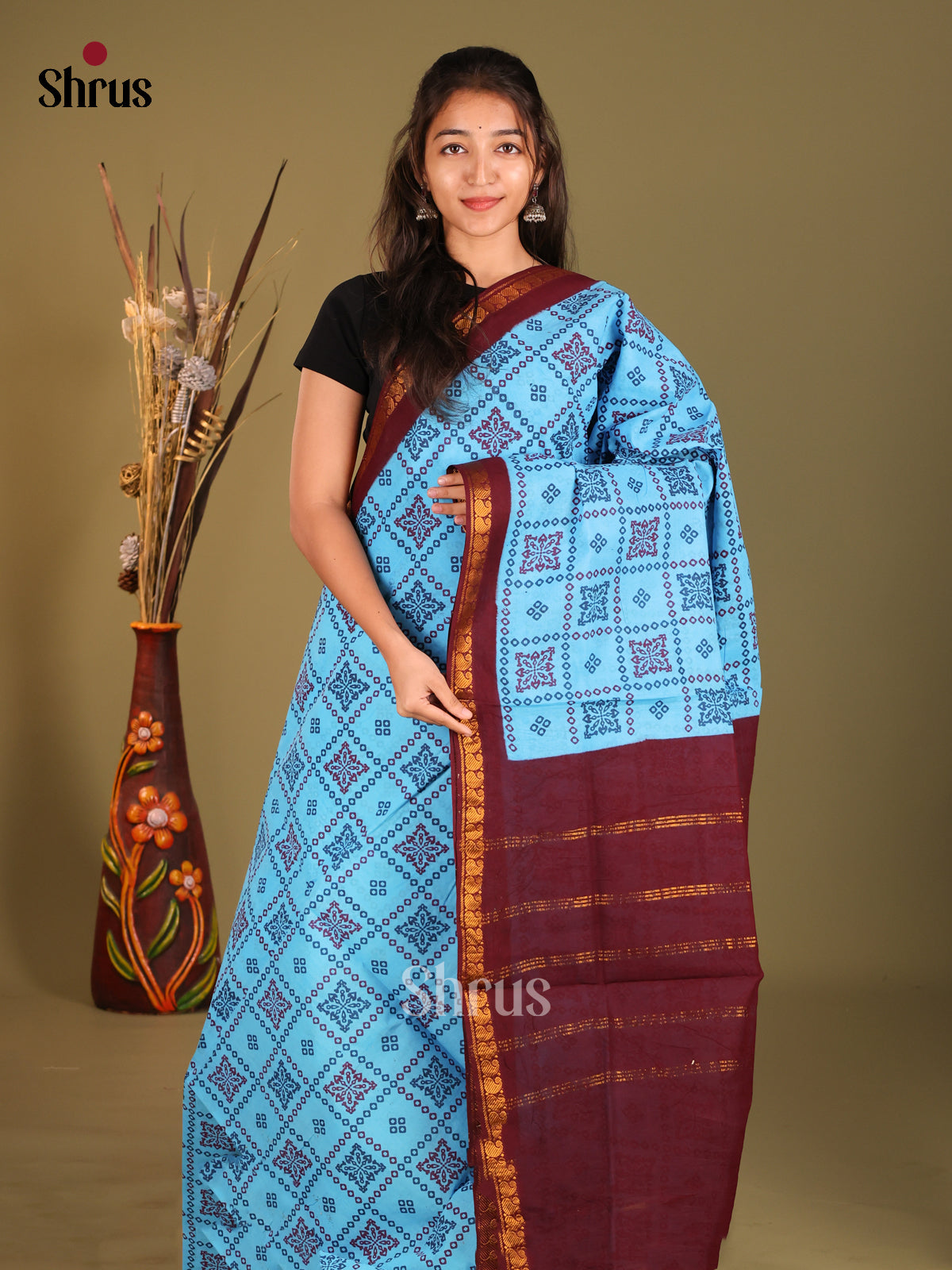 Blue & Maroon - Sungudi Cotton Saree