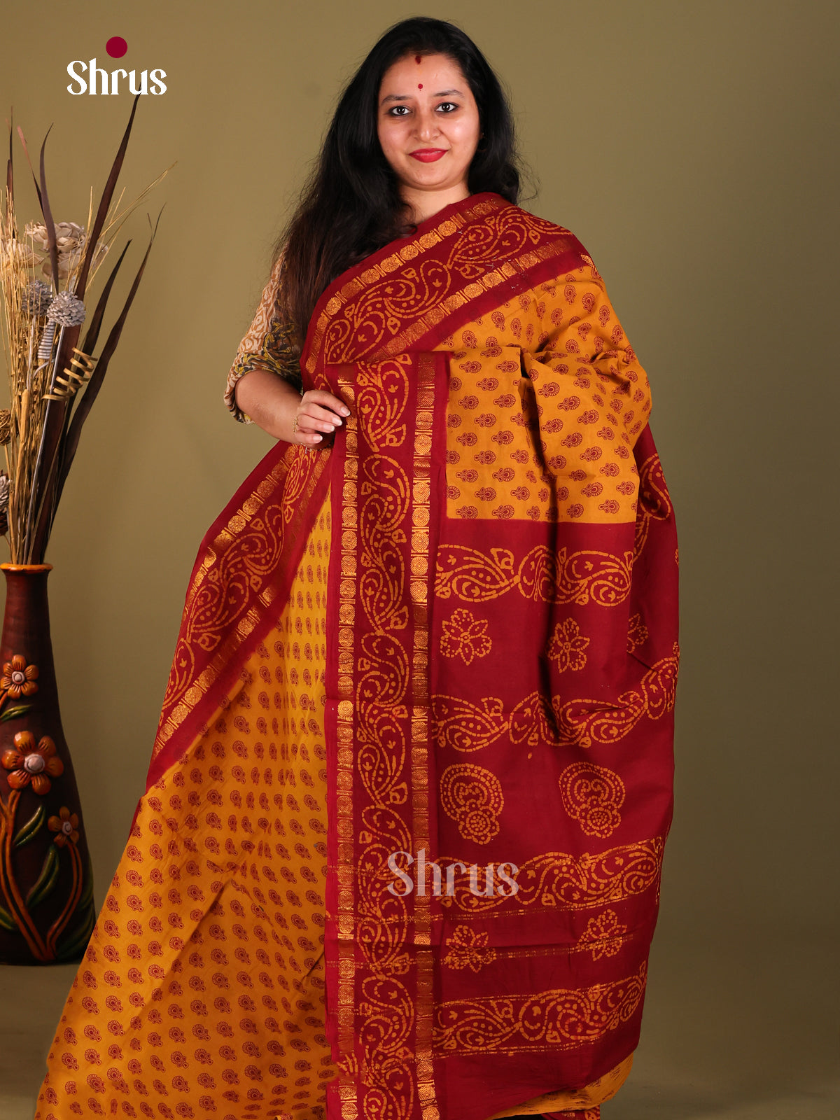 Mustard & Red - Sungudi Cotton Saree - Shop on Shrus.com