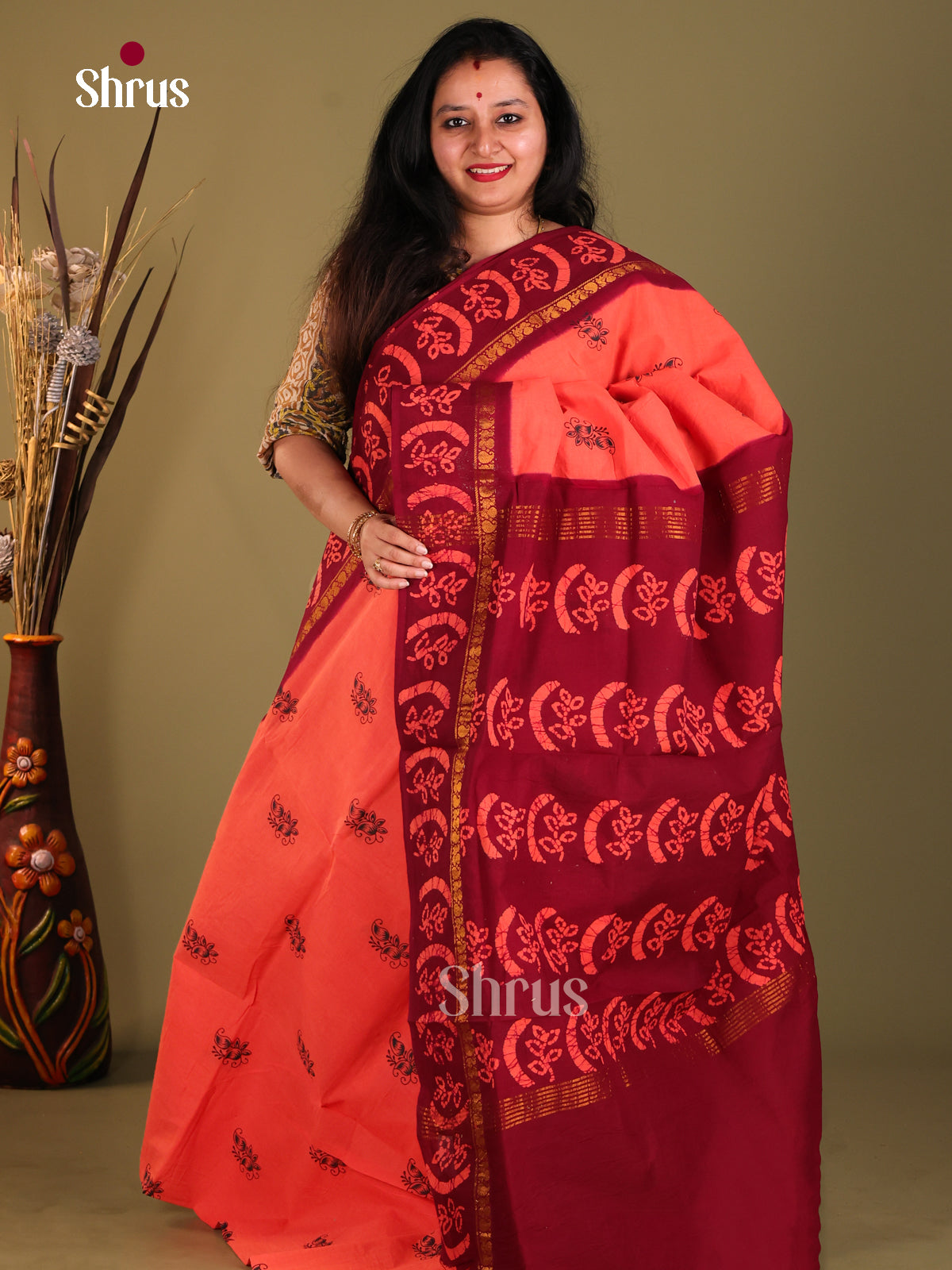 Peachish Pink & Maroon - Sungudi Cotton Saree
