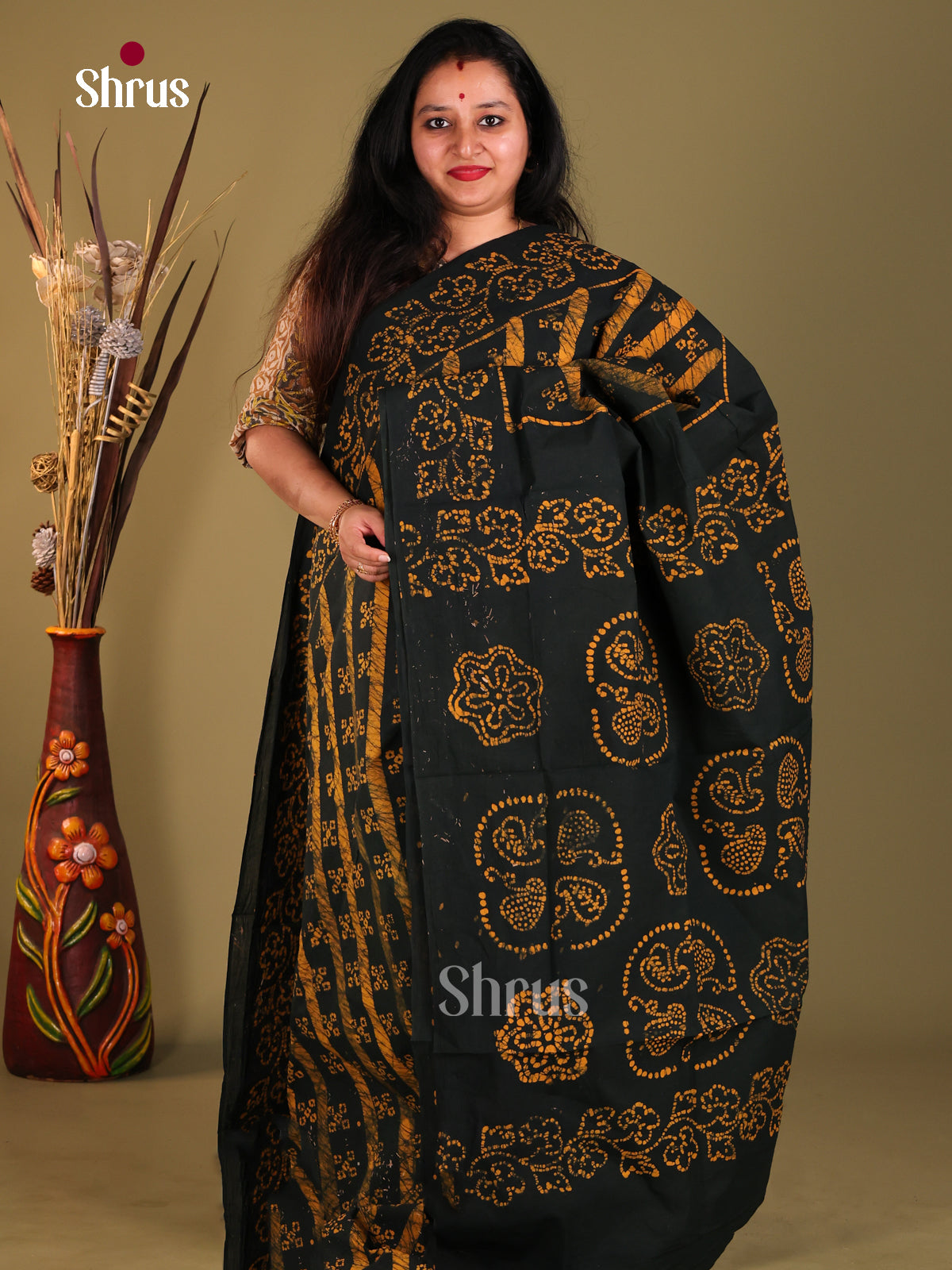 Dark Green & Mustard - Sungudi Cotton Saree