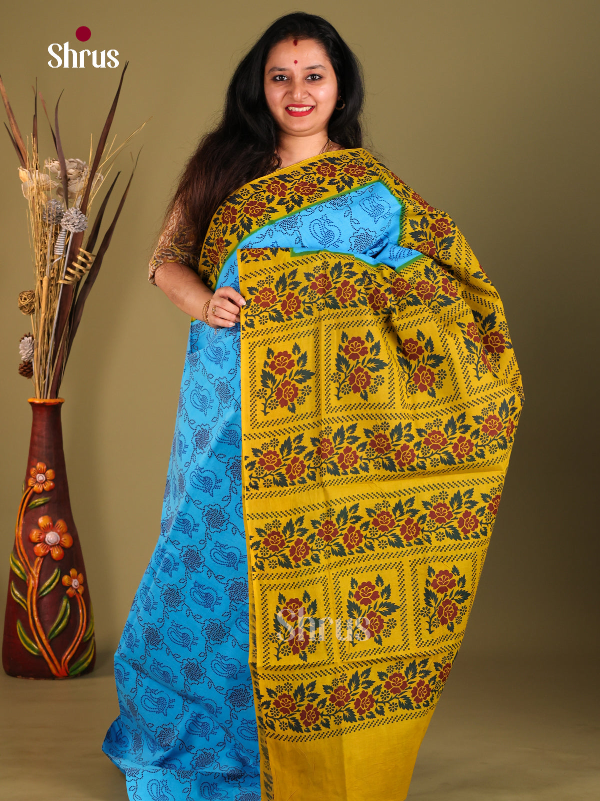 Blue & yellow - Sungudi Cotton Saree