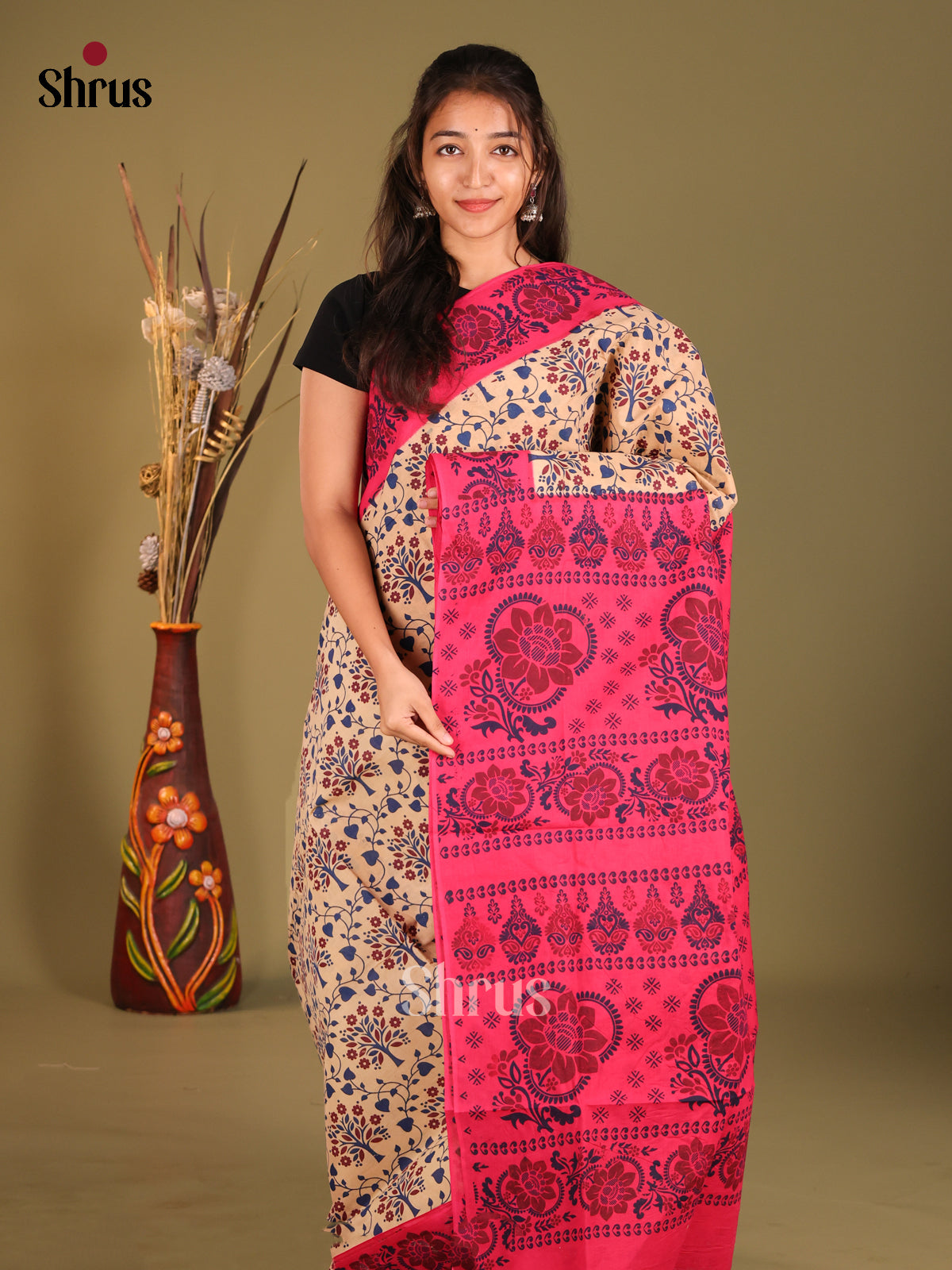 Cream & Pink - Sungudi Cotton Saree