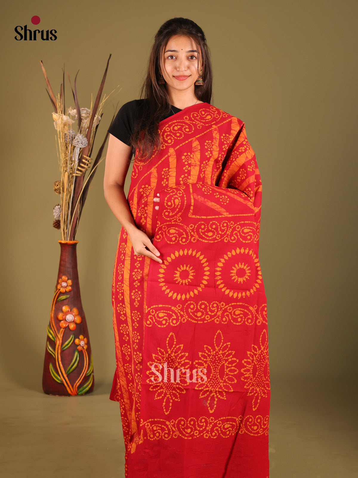 Red & Mustard - Sungudi Cotton Saree