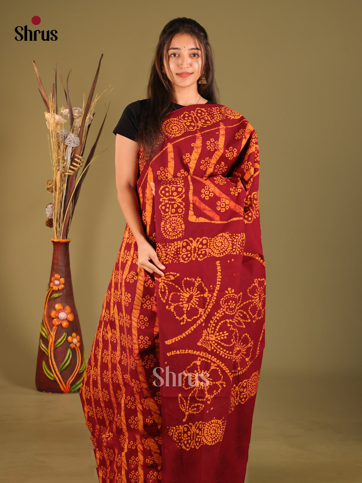 Maroon & Mustard - Sungudi Cotton Saree - Shop on Shrus.com