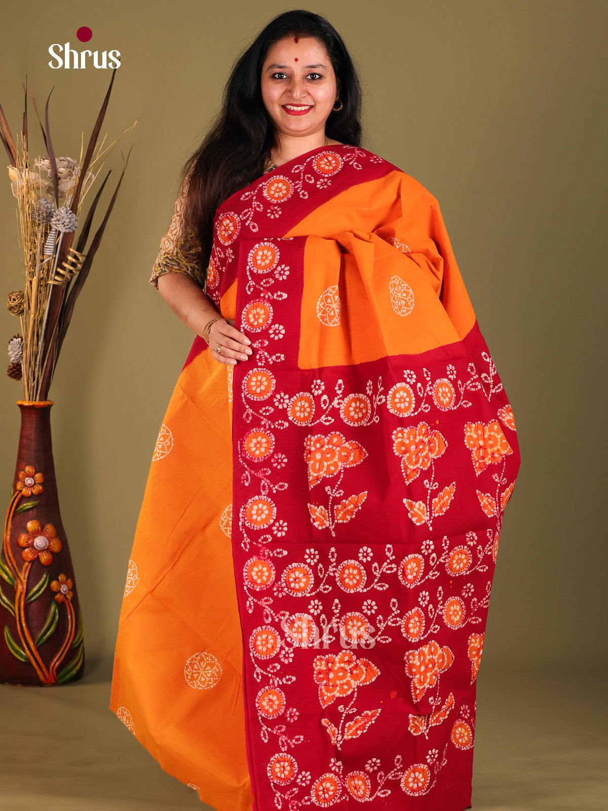 Orange & Red - Sungudi Cotton Saree