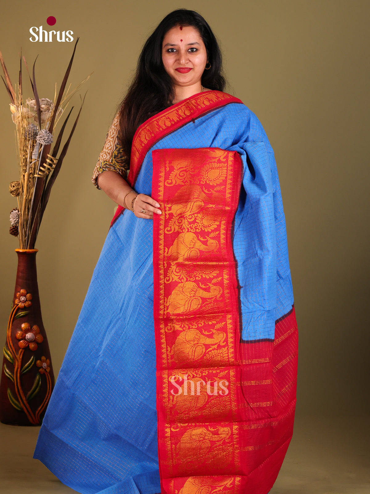 Blue & Red - Sungudi Cotton Saree