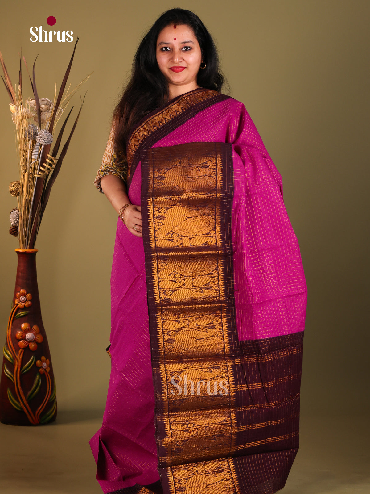 Majenta & Brown- Sungudi Cotton Saree - Shop on Shrus.com
