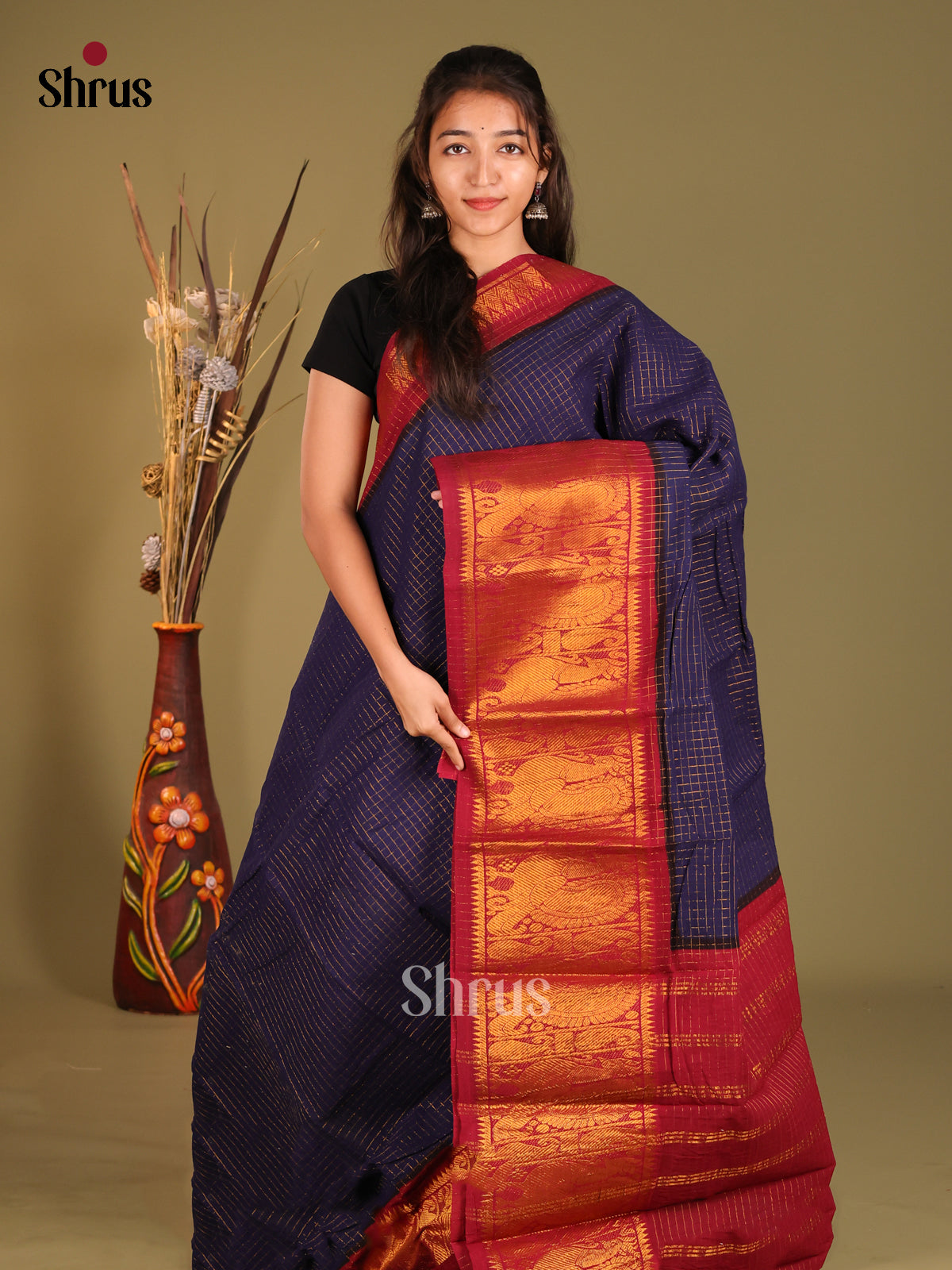 Blue & Maroon - Sungudi Cotton Saree
