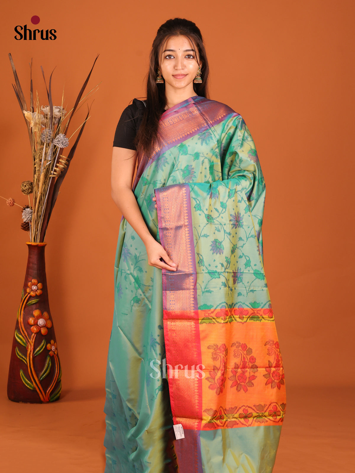 Green & Orange - Semi Pochampally Saree - Shop on Shrus.com