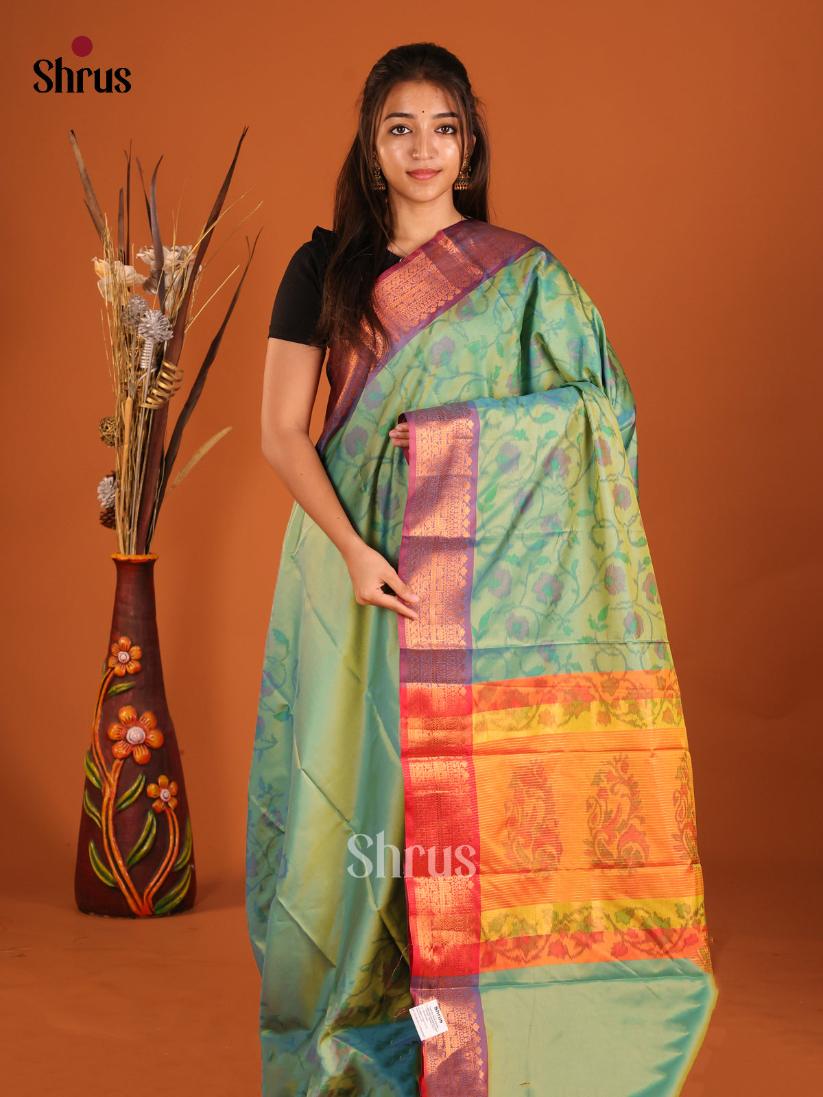 Green & Purple- Semi Pochampally Saree - Shop on Shrus.com
