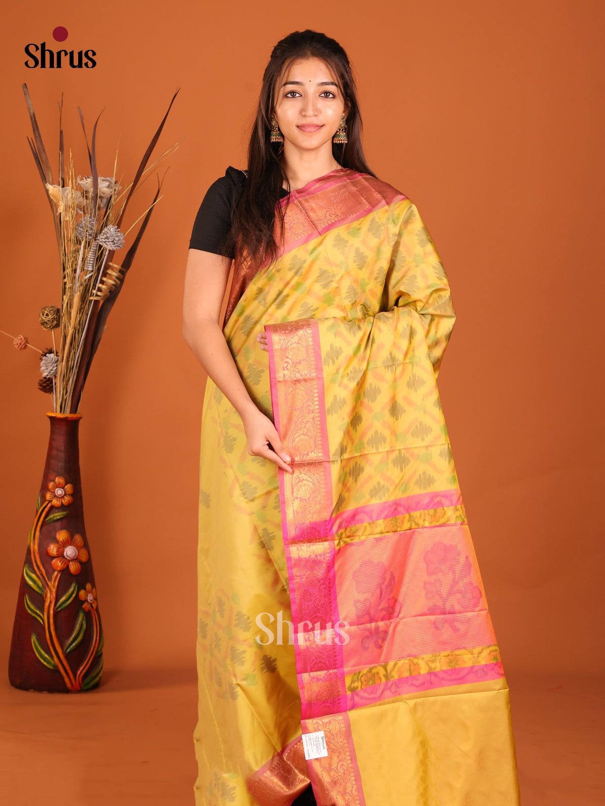 Yellow & Pink - Semi Pochampally Saree - Shop on Shrus.com