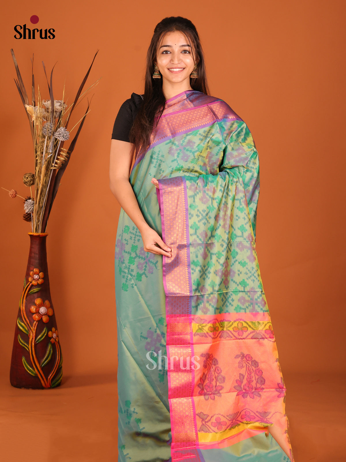 Green & Purple - Semi Pochampally Saree - Shop on Shrus.com